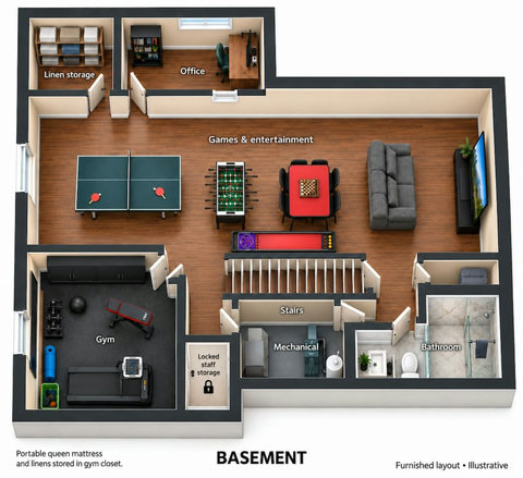 Illustrated basement layout showing the games area, TV lounge, office, gym, bathroom and storage. Not a measured architectural drawing.