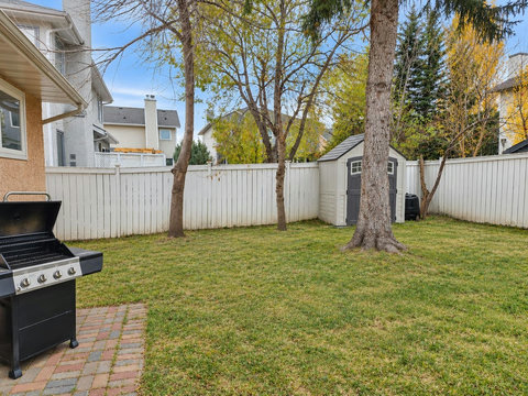 Backyard lawn and outdoor area behind the home.