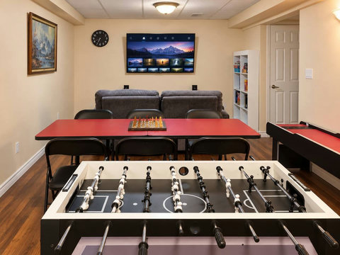 Foosball and games tables in the basement entertainment area.