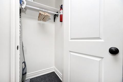 Storage closet in hallway with iron, ironing board and vacuum cleaner 