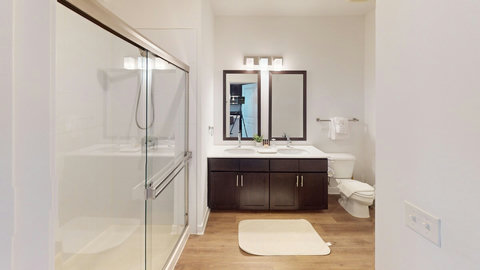 Large bathroom with double sink vanity and stand up shower