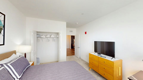 Bedroom with full closet and tv 