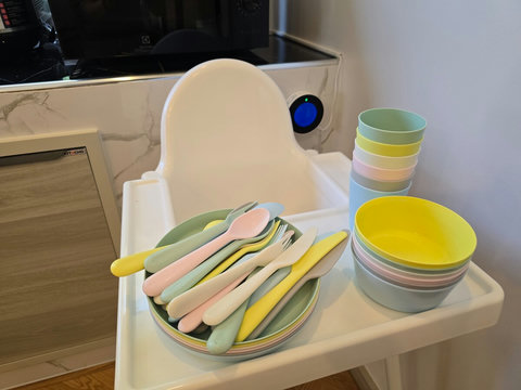 High chair and utensils for the little ones.