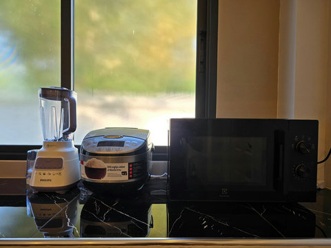 Appliances such as rice cooker, blender, microwave, toasters, coffee maker, hot water kettle, and more.