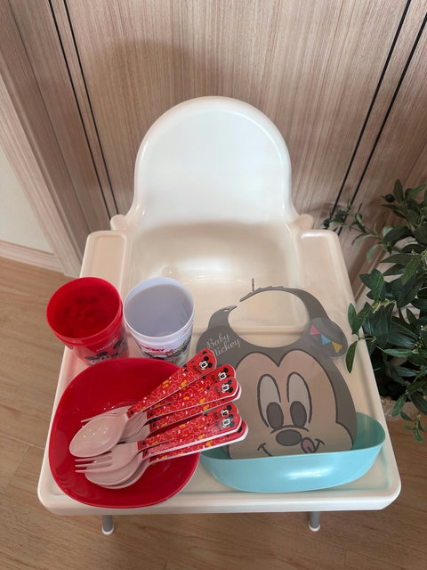 Children's high chair, bowls, utensils, portable bath tub, outlet covers, and filtered drinking water for guests travelling with kids. 