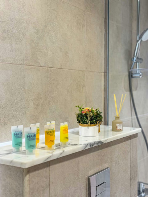 Fully stocked bathroom.