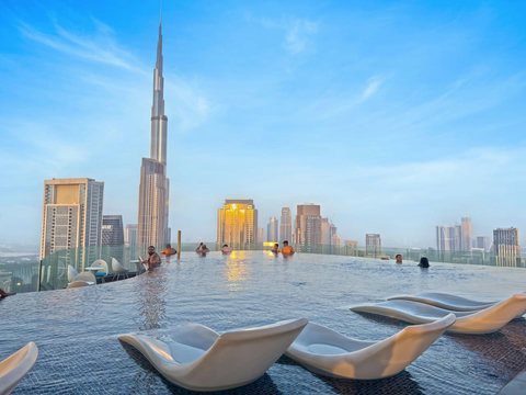 Relax and unwind at the 64th-floor pool, offering the ever amazing views of the Burj Khalifa!
