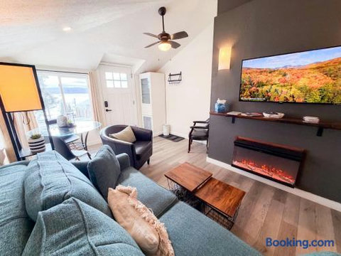 Bright modern living room with fireplace, TV, and scenic outdoor views