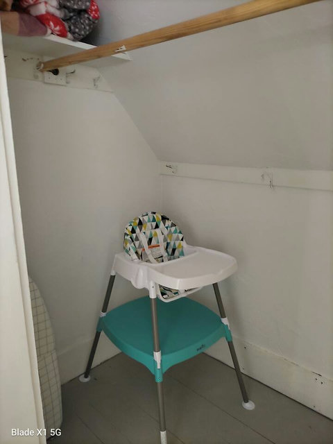 Easy to clean high chair for upstairs in the huge closet off living room.