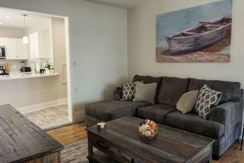 Easy access to snacks and cozy big sofa.