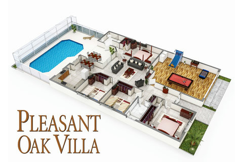 The layout of Pleasant Oak Villa, purpose built for a great Florida vacation! (Illustration done before the pool deck and enclosure were both enlarged.