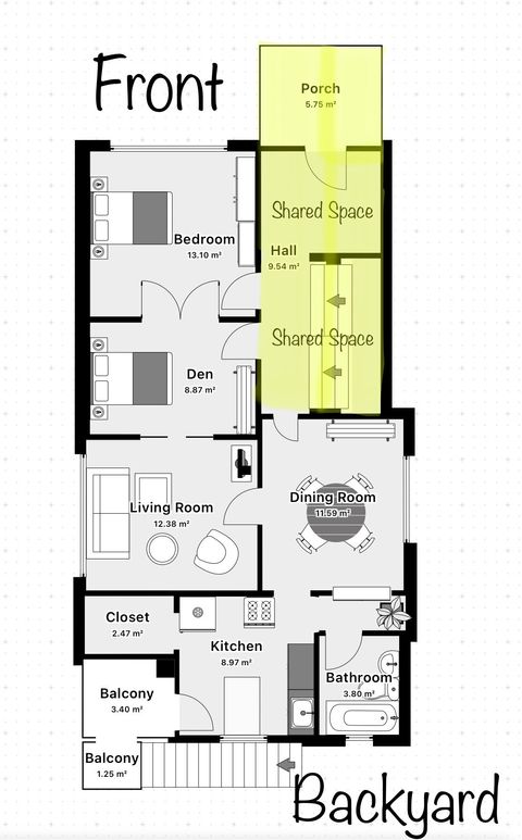 The area highlighted in yellow is a shared entry foyer that is shared with the residents who live above this apartment on the top floor of the house.  Please note that this floor plan is approximate and was not made by a professional.