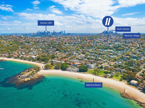 Aerial view of Balmoral Beach and Mosman, showing the property's position near the harbour, Mosman Village and Sydney CBD