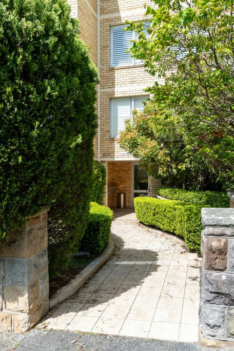Landscaped path leading to the boutique building, framed by established hedges and mature greenery