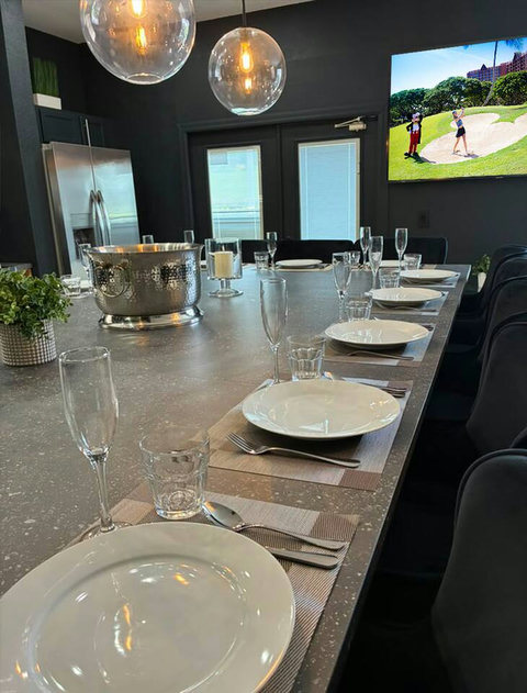 Exclusive Private Chef Kitchen & Dining Room. Perfect Retreats, Reunions, Groups. Designer chairs up to 30 Persons Inside & Outside. Private Pool, Fire-Pit. On Golf Course with World Class Top-Golf-Tracer Driving Range, Restaurant, Bar, Pro Shop.