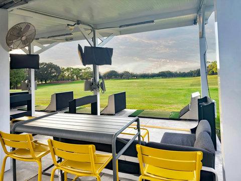 Right outside your private golf villa, you have a World Class Mike Dasher-designed Golf Course and Top-Golf-Tracer Driving Range, Restaurant, Bar, and Pro Shop (generic TopTracer Range photo example).