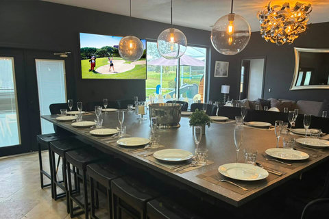 Exclusive Private Chef Kitchen & Dining Room. Perfect Retreats, Reunions, Groups. Designer chairs up to 30 Persons Inside & Outside. Private Pool, Fire-Pit. On Golf Course with World Class Top-Golf-Tracer Driving Range, Restaurant, Bar, Pro Shop.