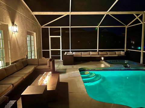 Exclusive Outdoor Oasis - Relax in our private pool with enchanting waterfalls and eclectic lighting. Play basketball with our pool basketball hoop or slide down the water slide. Unwind in the hot tub and enjoy a fine glass of wine by the Fire Pit.

