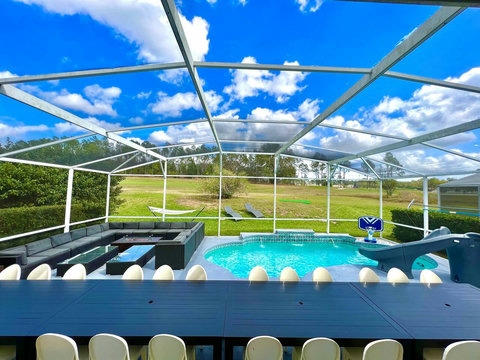 Outdoor Dining - Host exclusive private chef dinners for up to 24 guests outside and 20 inside, complemented by Philip Starck designed chairs. Enjoy scenic views of the private pool, golf course, and unwind by the Fire Pit with a cocktail.