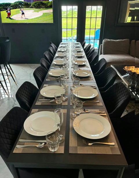 Exclusive Private Chef Kitchen & Dining Room. Perfect Retreats, Reunions, Groups. Designer chairs up to 30 Persons Inside & Outside. Private Pool, Fire-Pit. On Golf Course with World Class Top-Golf-Tracer Driving Range, Restaurant, Bar, Pro Shop.