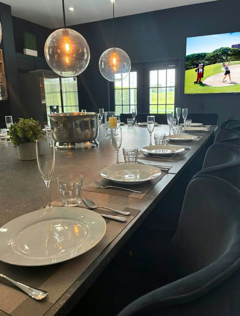 Exclusive Private Chef Kitchen & Dining Room. Perfect Retreats, Reunions, Groups. Designer chairs up to 30 Persons Inside & Outside. Private Pool, Fire-Pit. On Golf Course with World Class Top-Golf-Tracer Driving Range, Restaurant, Bar, Pro Shop.