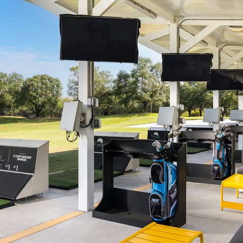 Right outside your private golf villa, you have a World Class Mike Dasher-designed Golf Course and Top-Golf-Tracer Driving Range, Restaurant, Bar, and Pro Shop (generic TopTracer Range photo example).