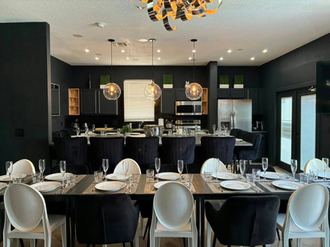 Exclusive Private Chef Kitchen & Dining Room. Perfect Retreats, Reunions, Groups. Designer chairs up to 30 Persons Inside & Outside. Private Pool, Fire-Pit. On Golf Course with World Class Top-Golf-Tracer Driving Range, Restaurant, Bar, Pro Shop.