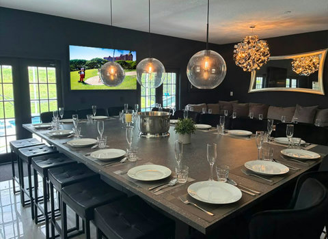 Exclusive Private Chef Kitchen & Dining Room. Perfect Retreats, Reunions, Groups. Designer chairs up to 30 Persons Inside & Outside. Private Pool, Fire-Pit. On Golf Course with World Class Top-Golf-Tracer Driving Range, Restaurant, Bar, Pro Shop.