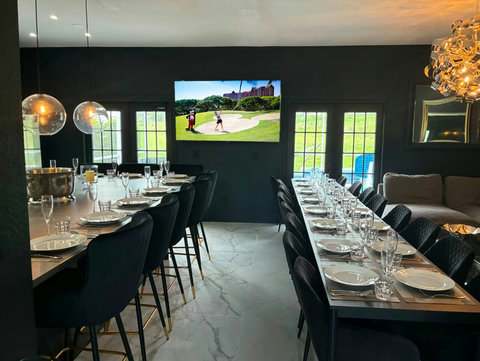 Exclusive Private Chef Kitchen & Dining Room. Perfect Retreats, Reunions, Groups. Designer chairs up to 30 Persons Inside & Outside. Private Pool, Fire-Pit. On Golf Course with World Class Top-Golf-Tracer Driving Range, Restaurant, Bar, Pro Shop.