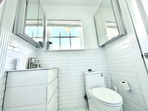 Bathroom, with toilet, sink and shower.