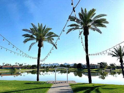 This photos is of actual wedding venue space with beautiful Lake, Mountain, Golf backdrops. There is plenty of space both in and outdoors. Space can be used and is perfect for weddings and the best part this is only about 150 yards from our villa. 