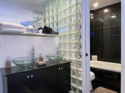 Indulge in spa-like luxury with a bathroom featuring a soothing Jacuzzi tub and shower combo and dual sinks.