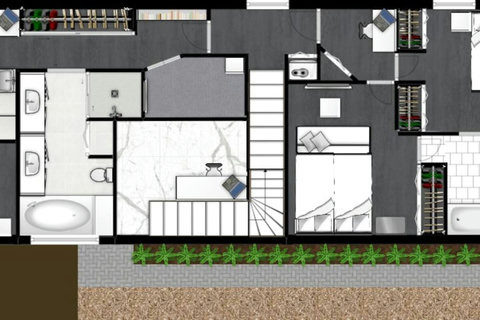 Our upstairs floor plan showcases a luxurious master suite with a hot tub, plus two guest bedrooms with a jack-n-jill bathroom.