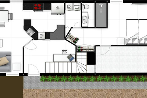Our downstairs floor plan features a mini-master suite on the first floor, and a spacious garage for storage.