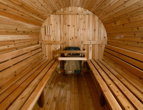 Your exclusive Hand Crafted Cedar Barrel Finish Steam Sauna for up to 6 people to enjoy temperatures of 195ºF. Plenty of room to stretch out and enjoy the sauna heat, plus two exterior benches for cooling off (available from July 1,  3 days' notice).