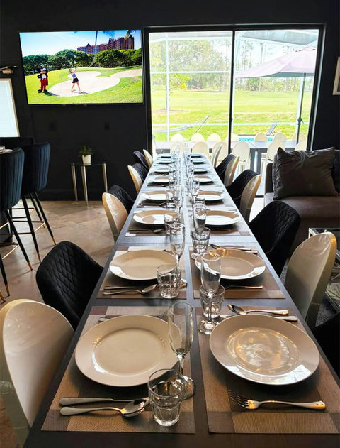 Exclusive Private Chef Kitchen & Dining Room. Perfect Retreats, Reunions, Groups. Designer chairs up to 30 Persons Inside & Outside. Private Pool, Fire-Pit & Golf Course & World Class Top-Golf-Tracer Driving Range, Restaurant, Bar, and Pro Shop. 
