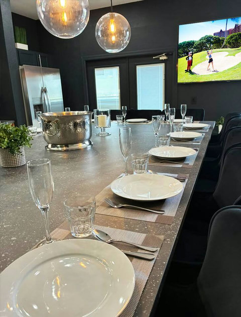 Exclusive Private Chef Kitchen & Dining Room. Perfect Retreats, Reunions, Groups. Designer chairs up to 30 Persons Inside & Outside. Private Pool, Fire-Pit & Golf Course & World Class Top-Golf-Tracer Driving Range, Restaurant, Bar, and Pro Shop. 