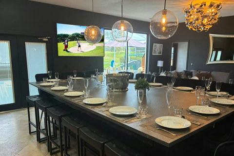 Exclusive Private Chef Kitchen & Dining Room. Perfect Retreats, Reunions, Groups. Designer chairs up to 30 Persons Inside & Outside. Private Pool, Fire-Pit & Golf Course & World Class Top-Golf-Tracer Driving Range, Restaurant, Bar, and Pro Shop. 