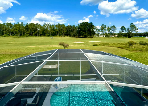 The backyard offers stunning views of your private pool, championship golf course, and resort clubhouse with incredible amenities like Lap Pool, Pickleball, Tennis, and Children's Playground.