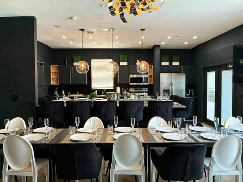 Exclusive Private Chef Kitchen & Dining Room. Perfect Retreats, Reunions, Groups. Designer chairs up to 30 Persons Inside & Outside. Private Pool, Fire-Pit & Golf Course & World Class Top-Golf-Tracer Driving Range, Restaurant, Bar, and Pro Shop. 
