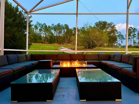 Outdoor Dining - Host exclusive private chef dinners for up to 24 guests outside and 20 inside, complemented by Philip Starck designed chairs. Enjoy scenic views of the private pool, golf course, and unwind by the Fire Pit with a cocktail.
