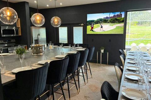 Exclusive Private Chef Kitchen & Dining Room. Perfect Retreats, Reunions, Groups. Designer chairs up to 30 Persons Inside & Outside. Private Pool, Fire-Pit & Golf Course & World Class Top-Golf-Tracer Driving Range, Restaurant, Bar, and Pro Shop. 