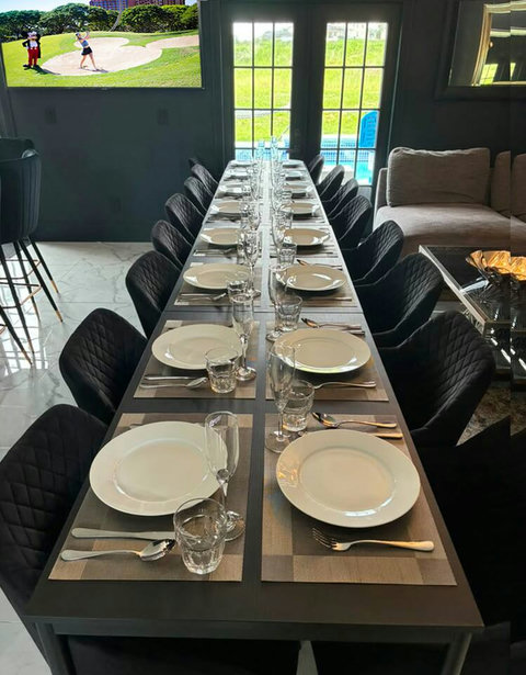 Exclusive Private Chef Kitchen & Dining Room. Perfect Retreats, Reunions, Groups. Designer chairs up to 30 Persons Inside & Outside. Private Pool, Fire-Pit & Golf Course & World Class Top-Golf-Tracer Driving Range, Restaurant, Bar, and Pro Shop. 