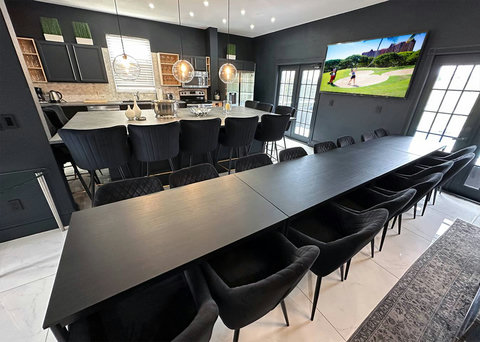 Exclusive Private Chef Kitchen & Dining Room. Perfect Retreats, Reunions, Groups. Designer chairs up to 30 Persons Inside & Outside. Private Pool, Fire-Pit. On Golf Course with World Class Top-Golf-Tracer Driving Range, Restaurant, Bar, Pro Shop.