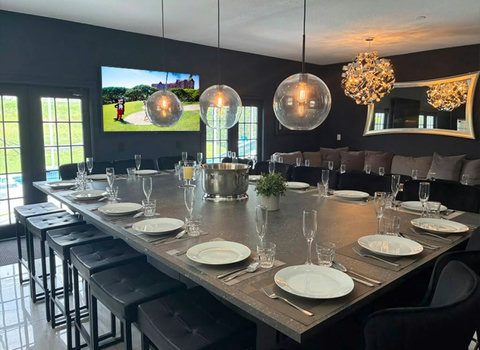 Exclusive Private Chef Kitchen & Dining Room. Perfect Retreats, Reunions, Groups. Designer chairs up to 30 Persons Inside & Outside. Private Pool, Fire-Pit & Golf Course & World Class Top-Golf-Tracer Driving Range, Restaurant, Bar, and Pro Shop. 