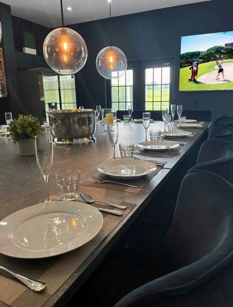 Exclusive Private Chef Kitchen & Dining Room. Perfect Retreats, Reunions, Groups. Designer chairs up to 30 Persons Inside & Outside. Private Pool, Fire-Pit & Golf Course & World Class Top-Golf-Tracer Driving Range, Restaurant, Bar, and Pro Shop. 