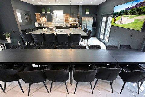 Exclusive Private Chef Kitchen & Dining Room. Perfect Retreats, Reunions, Groups. Designer chairs up to 30 Persons Inside & Outside. Private Pool, Fire-Pit. On Golf Course with World Class Top-Golf-Tracer Driving Range, Restaurant, Bar, Pro Shop.
