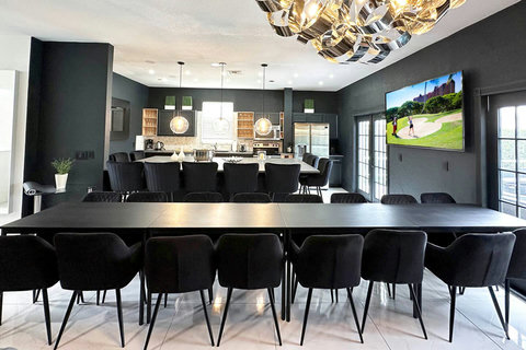 Exclusive Private Chef Kitchen & Dining Room. Perfect Retreats, Reunions, Groups. Designer chairs up to 30 Persons Inside & Outside. Private Pool, Fire-Pit. On Golf Course with World Class Top-Golf-Tracer Driving Range, Restaurant, Bar, Pro Shop.