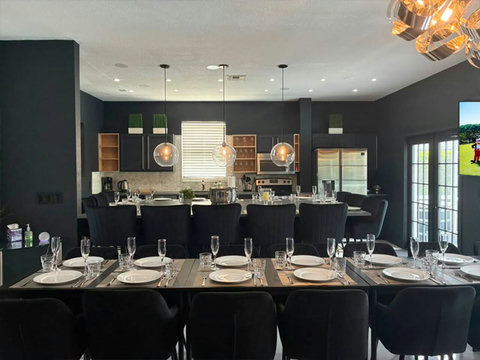 Exclusive Private Chef Kitchen & Dining Room. Perfect Retreats, Reunions, Groups. Designer chairs up to 30 Persons Inside & Outside. Private Pool, Fire-Pit & Golf Course & World Class Top-Golf-Tracer Driving Range, Restaurant, Bar, and Pro Shop. 