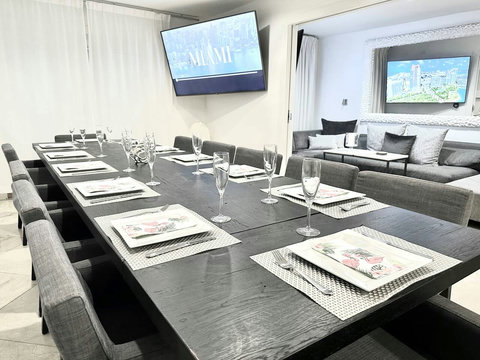 Luxury Restoration Hardware Extended Meeting - Dining - Private chef table - for 12-16 persons. In this photo, it is a set-up for 12 persons; however, the table can easily be extended with set up of 14-16 persons with more/smaller chairs when needed.